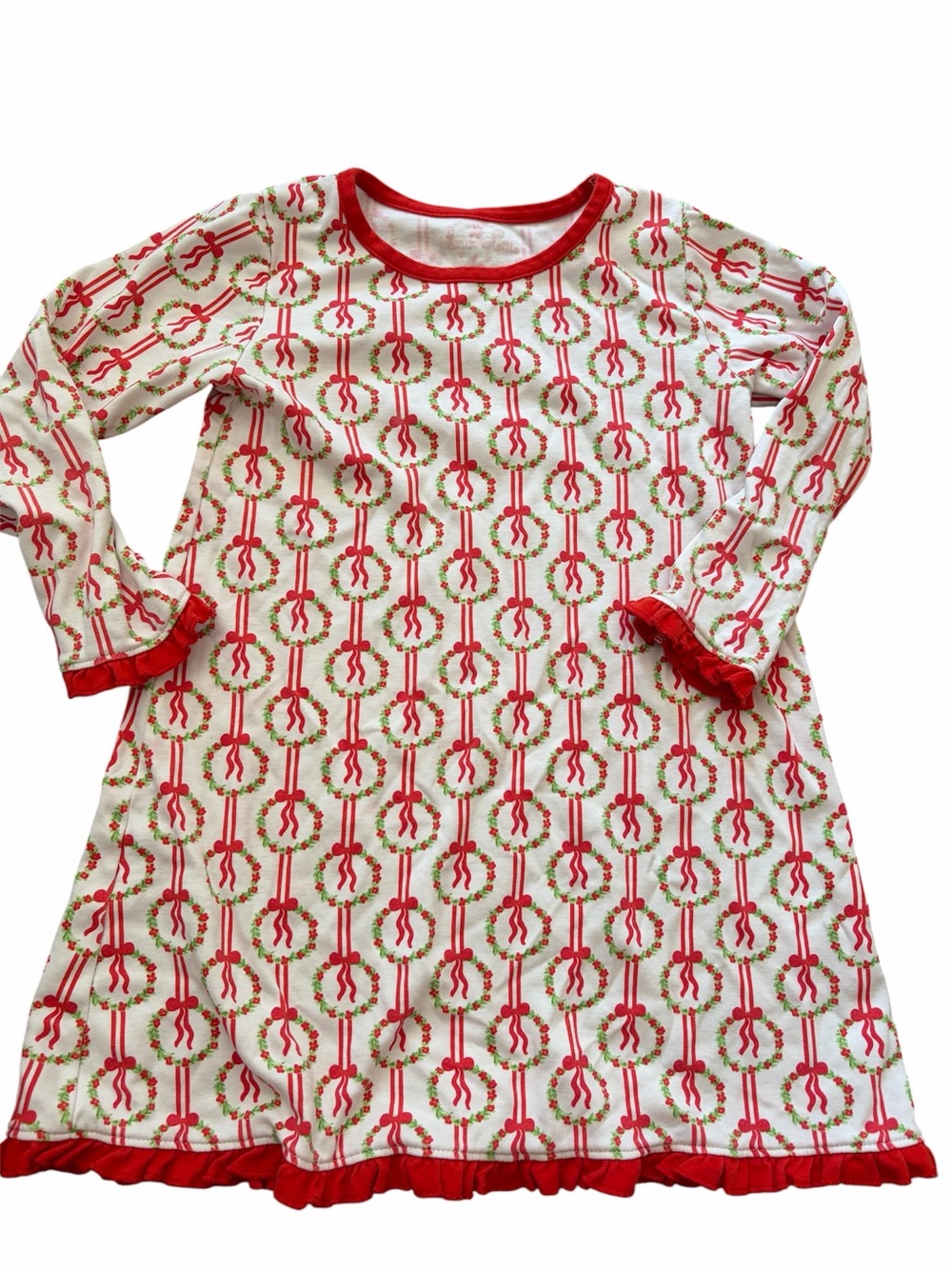 Girls Red Wreath-Print Long Sleeve Nightgown with Ruffle Trim